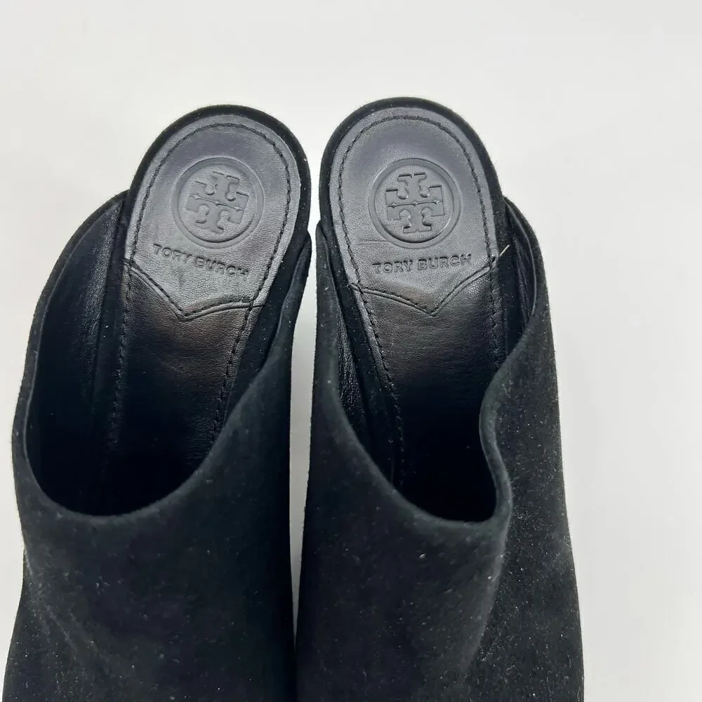 Tory Burch Floral Embroidered Block Heel Slide Sandals Black open toe size 6.5